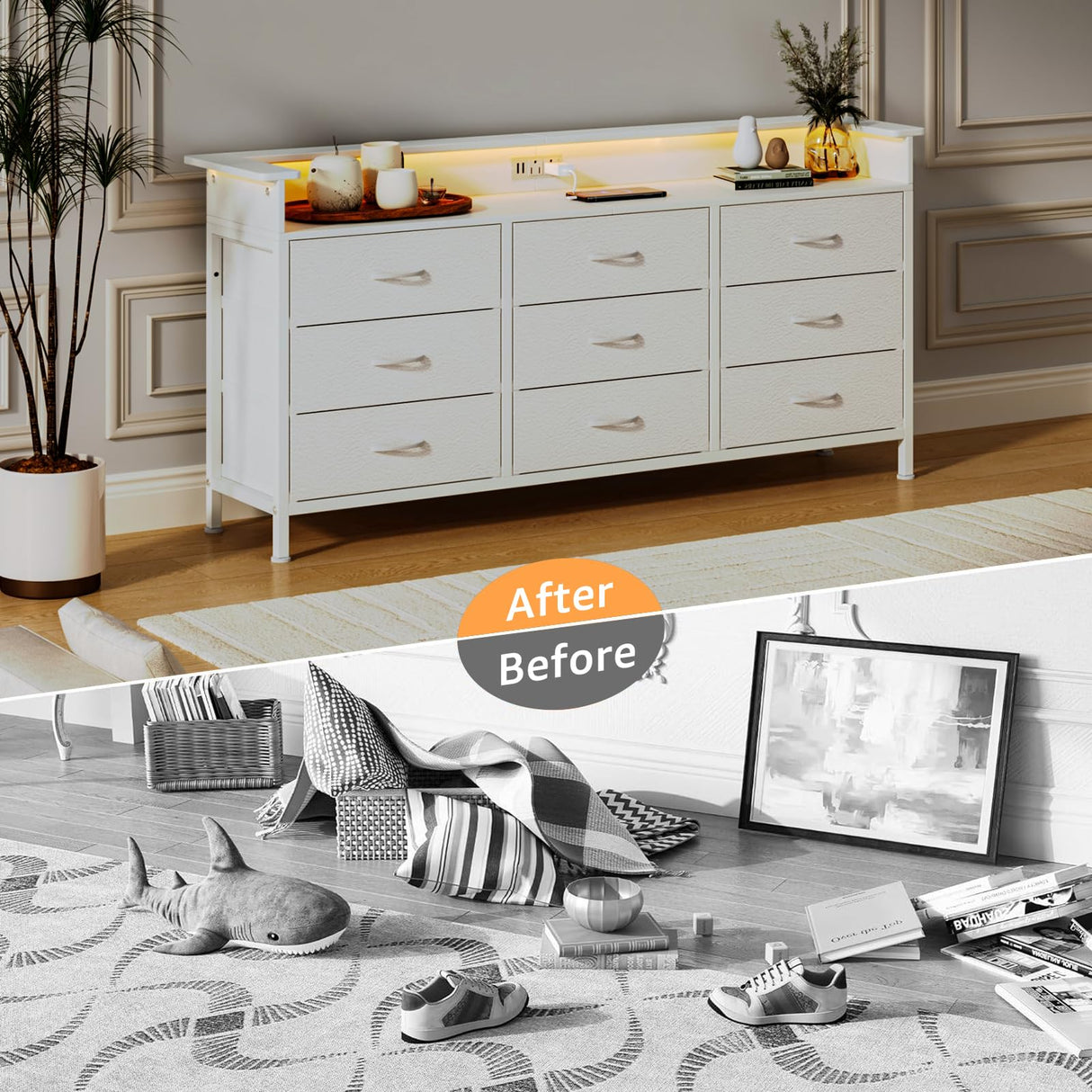 WODRAWER White Dresser for Bedroom with 9 Drawers, Long Dresser TV Stand with LED Lights & Charging Station, Fabric Chests of Drawers for Closet Entryway Living Room WODRAWER