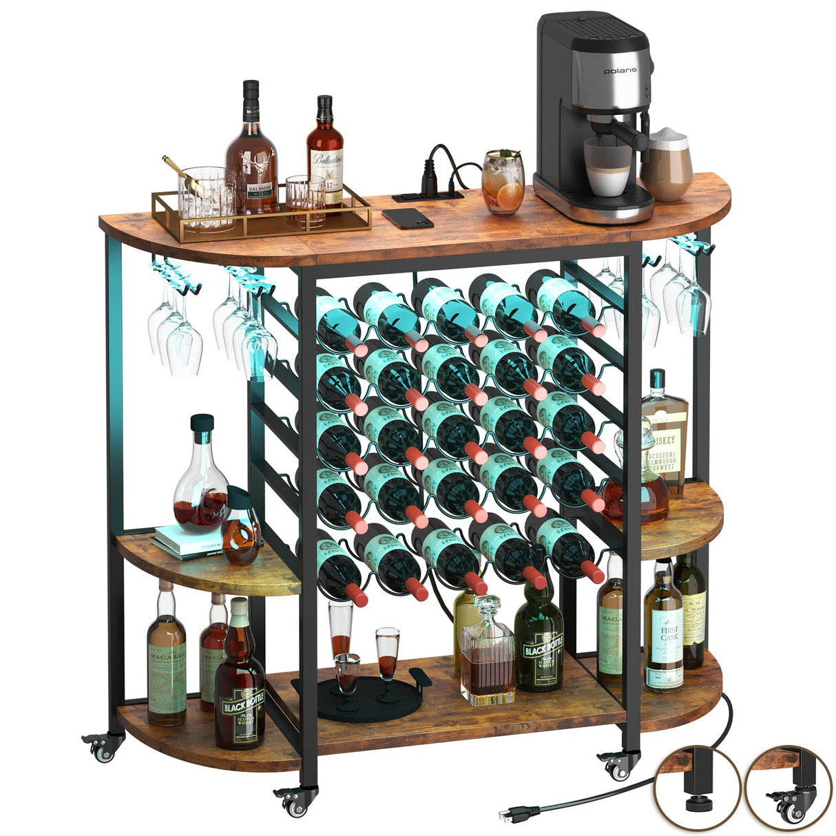 Dripex Wine Bar Table Cabinet with Power Outlet, LED Home Mini Bar Coffee Cabinet for Liquor, Metal Wine Bar Stand with 5-Tier Bottle Storage Shelves, Wine Racks with Glass Holders Dripex