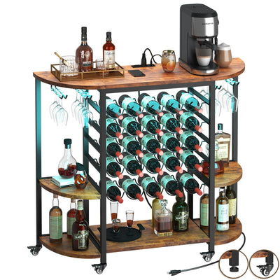 Dripex Wine Bar Table Cabinet with Power Outlet, LED Home Mini Bar Coffee Cabinet for Liquor, Metal Wine Bar Stand with 5-Tier Bottle Storage Shelves, Wine Racks with Glass Holders