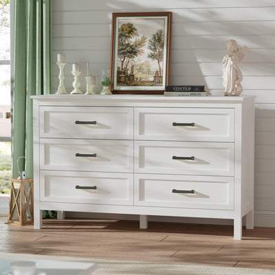 LYNSOM Farmhouse 6 Drawers Dresser for Bedroom, Wood Rustic Wide Chest of Drawers with Deep Drawers, Metal Handle, Storage Dressers Organizer for Entryway, White
