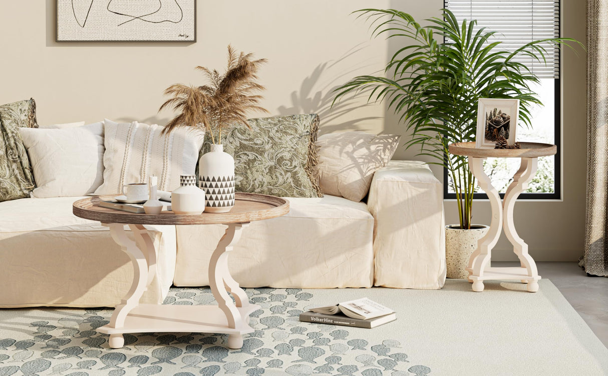 COZAYH Round Farmhouse Coffee Table with Handmade Finish, Wood Tray Top Rustic Coffee Table for Added Thickness, Accent Table with Storage for Living Room, Small Place, White, Circle COZAYH