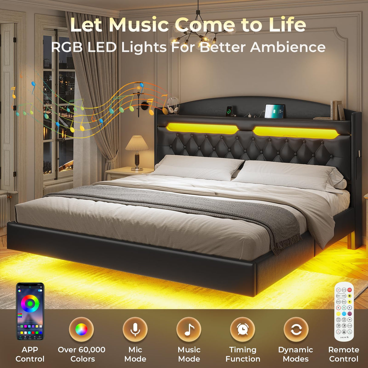 ADORNEVE King Floating Bed Frame with Hidden Storage Headboard and RGB LED Lighting ADORNEVE
