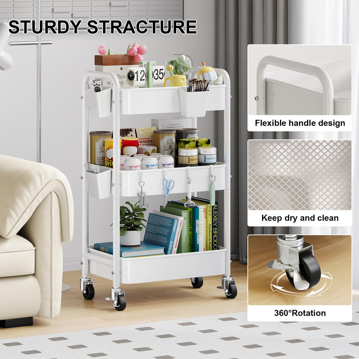 3 Tier Rolling Cart Metal with Wheels, White Three Tiered Craft Cart Organizer on Wheels, Storage Utility Carts for Art, Baby Nursery,Diaper Caddy, Cleaning Supplies, Nail,Lash,Snack,Book,Roller Shelf Aofure