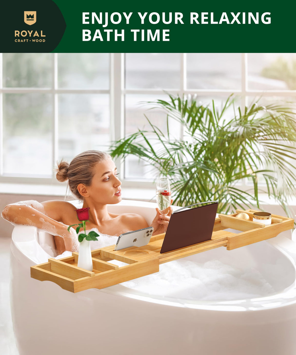 ROYAL CRAFT WOOD Premium Foldable Bathtub Tray - Wood Bath Tray for Tub, Bamboo Shelf, Expandable Bath Table Trays, Bathtub & Bathroom Accessories for New Home & Mothers Day & Birthday Gifts for Mom ROYAL CRAFT WOOD