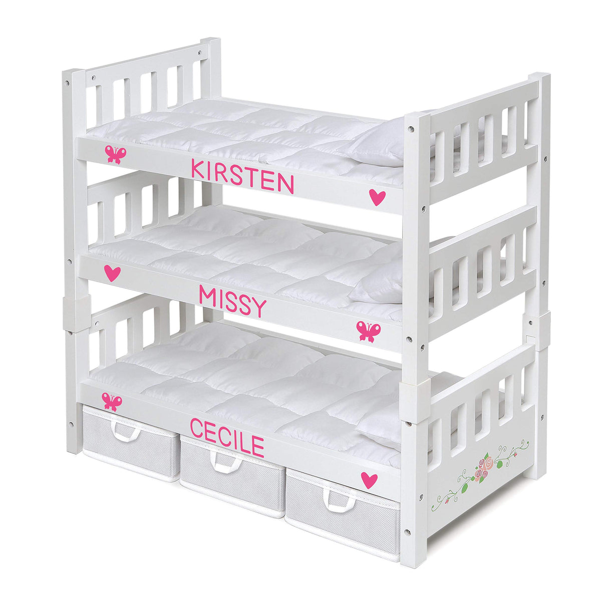 Badger Basket 1-2-3 Convertible Doll Bunk Bed with Bedding and Storage Baskets – Elegant White and Rose Design for 18 to 20-Inch Dolls Badger Basket