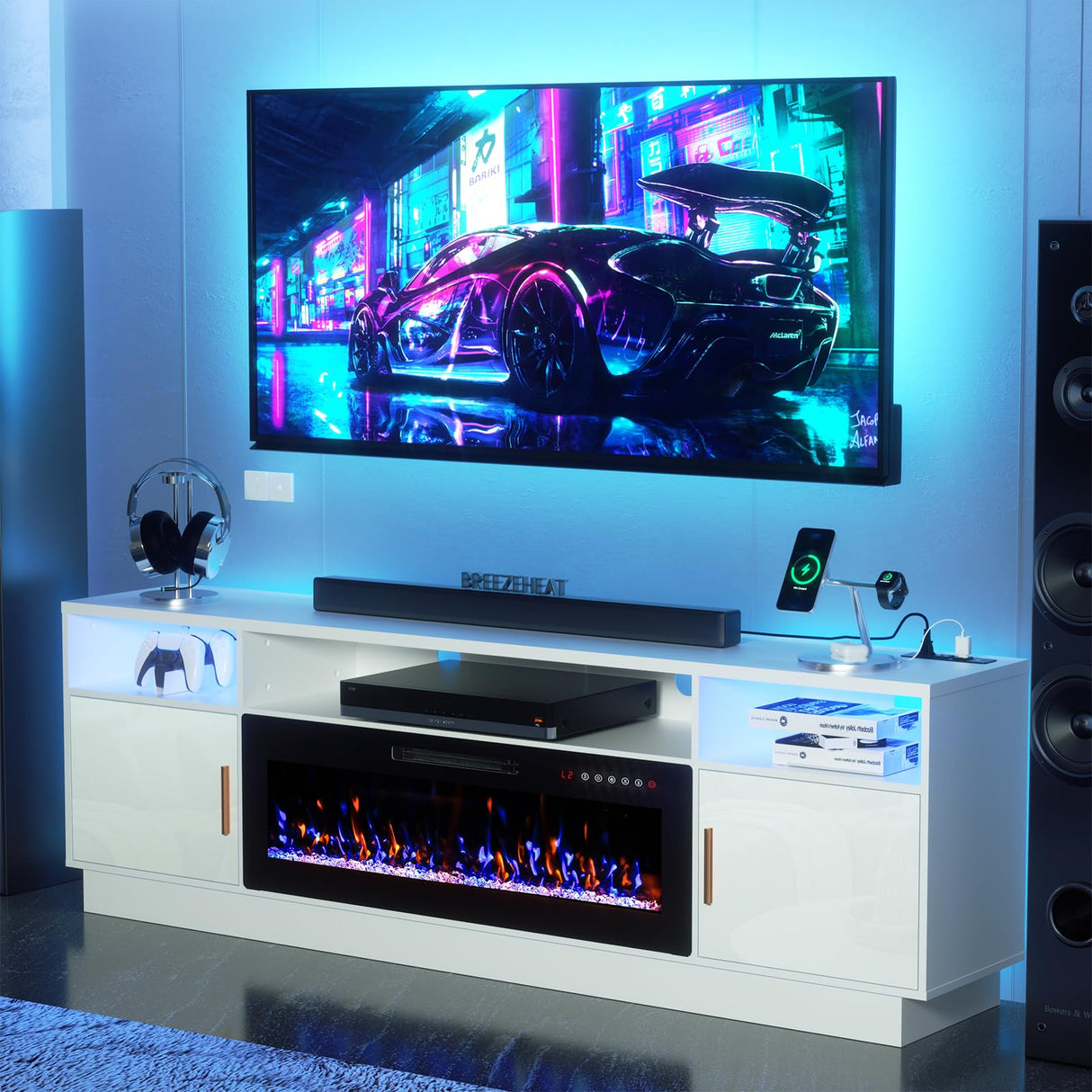 BREEZEHEAT Electric Fireplace TV Stand-Led Entertainment Center-80 inch TV Stand with 42" Electric Fireplace-Living Room Tv Cabinet with Storage for TVs Up to 85",Modern Media Console (White) BREEZEHEAT