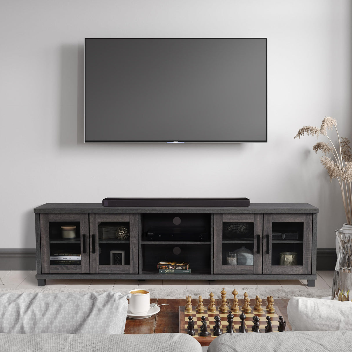 CorLiving Dark Gray Engineered Wood TV Stand w/Glass Cabinets for TVs up to 95" CorLiving