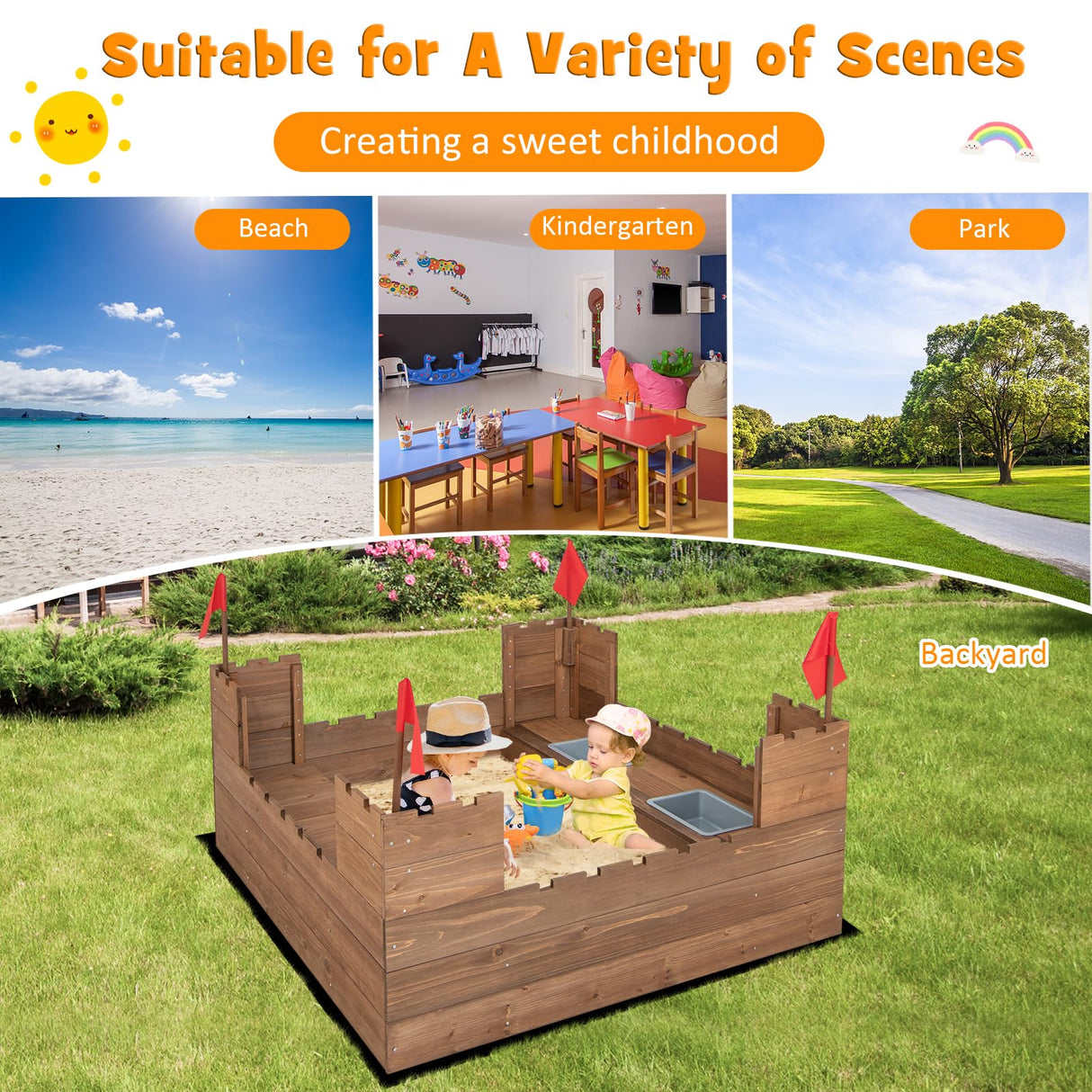 Costzon Kids Sandbox, Cedar Wood 45" x 45" Sand Pit w/Built-in Bench Seats, Storage Boxes, Flags & Protective Bottom Liner, Outdoor Sand Box for Kids Age 3+ for Backyard Garden Beach Costzon