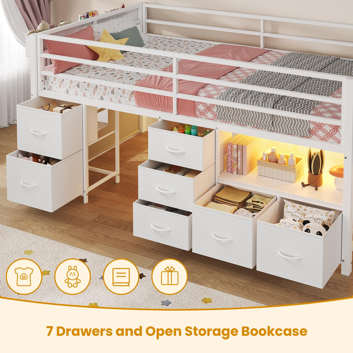 ADORNEVE Low Loft Bed Twin Size with 7 Storage Drawers, Bookcase and LED Lights, Metal Kids Loft Bed with 14" H Safety Guardrail,Inclined Ladder and Play Curtain, Under-Bed Play Space, White ADORNEVE