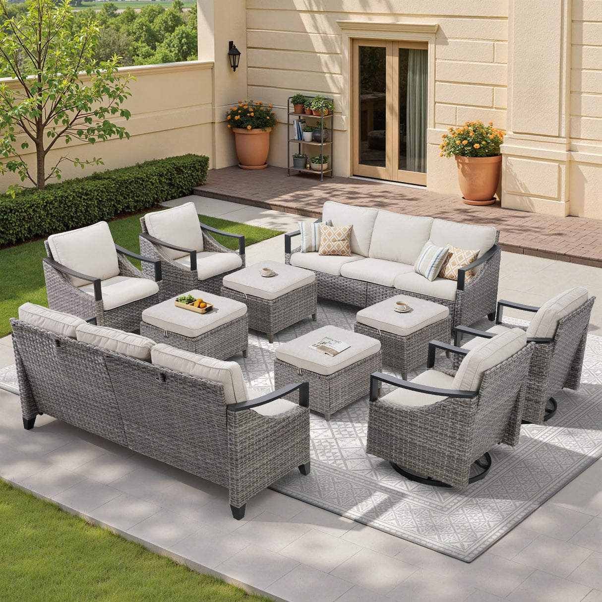 10 Piece Outdoor Patio Furniture Set-All Weather Outdoor Conversation Sets Sectional Sofa with Wicker Swivel Rocker Patio Chairs, Thick Cushions Ottomans for Porch Balcony Patio Deck Grey/Beige PLANNTONNEO