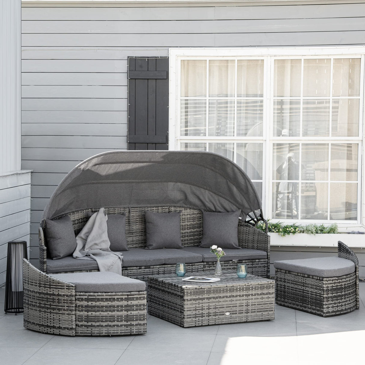 Outsunny 4-Piece Outdoor Rattan Furniture Set, Round Convertible Patio Daybed or Sunbed, Sectional Sofa with Canopy, Pillows, Cushions, Footrest, Table, PE Plastic Wicker, Gray Outsunny