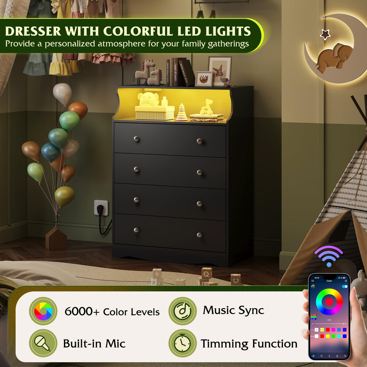 WLIVE Black LED Dresser for Bedroom, Tall Wood Dresser with 4 Drawers and Open Shelf, Chest of Drawers with Charging Station and LED Lights for Living Room, Hallway, Closet WLIVE