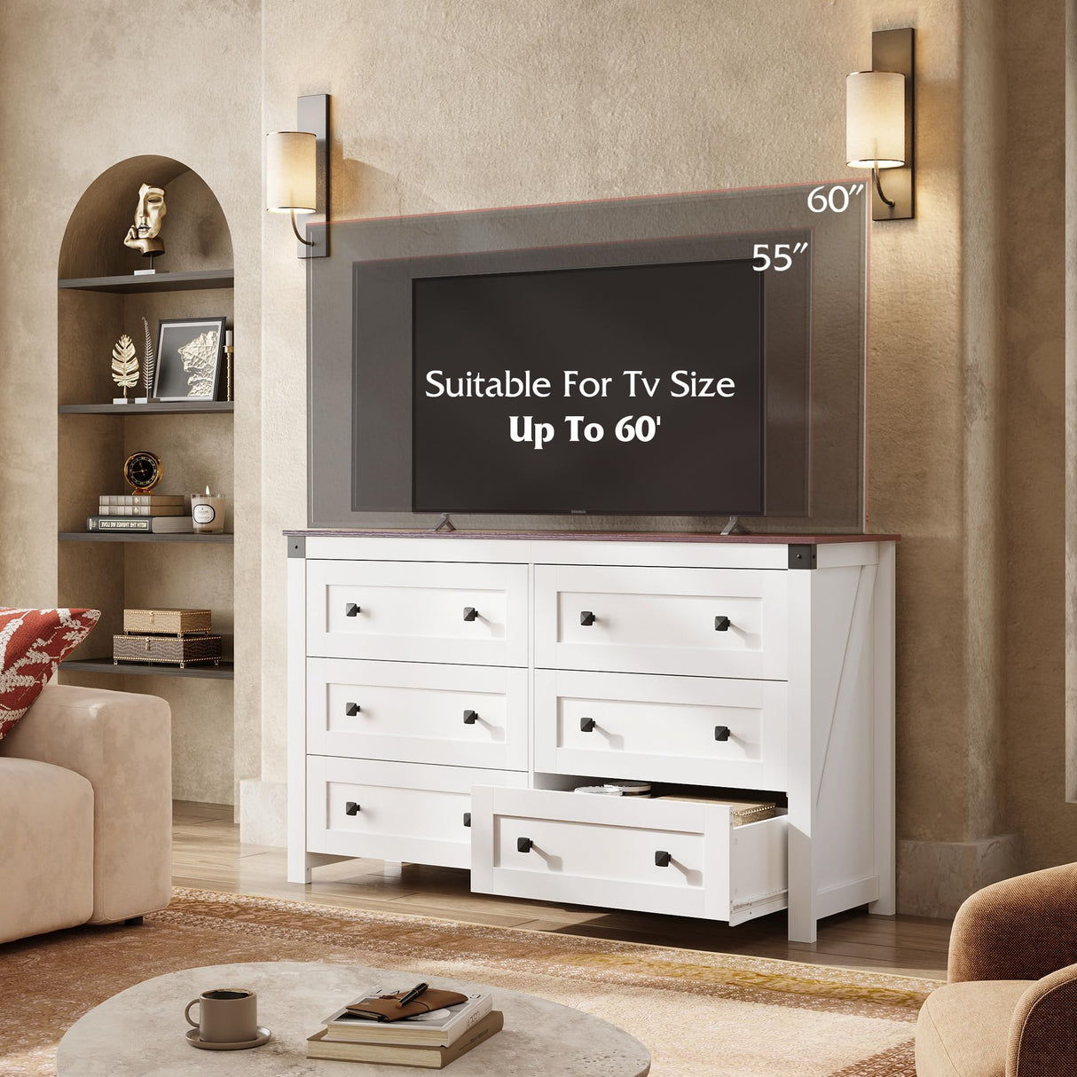WLIVE Farmhouse 6 Drawer Dresser for Bedroom, 53.07'' Wide Wood Dresser, White Dressers Storage Organizer with Double Rustic Handle, TV Stand for 60 inch TV, Chest of Drawers for Living Room, Hallway WLIVE