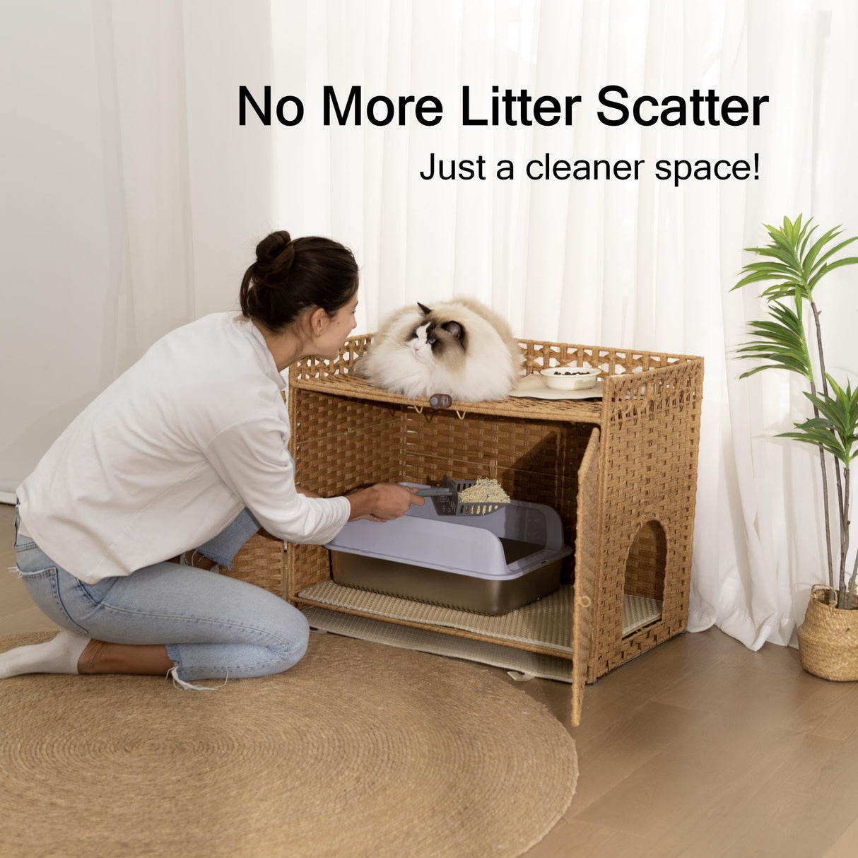 Cat Litter Box Enclosure and Hall Table, Handwoven Rattan Cat Litter Box Hider Furniture with 2 Litter Mats, Three-Sided Fenced Top, Large 30.3”L x 18.2”W x 24.2”H, Ombre Wheat Furriends