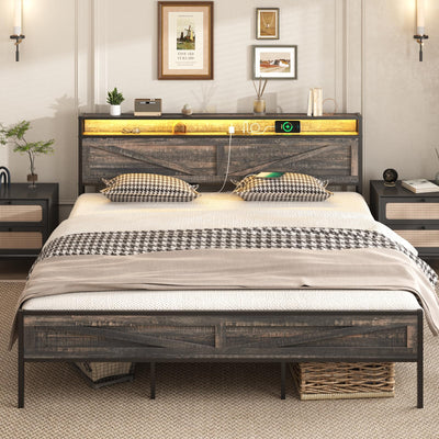 Bed Frame King Size with Charging Station, Platform Metal Bed with Headboard & Led Light, Farmhouse Storage Bed for Bedroom, No Box Spring Needed