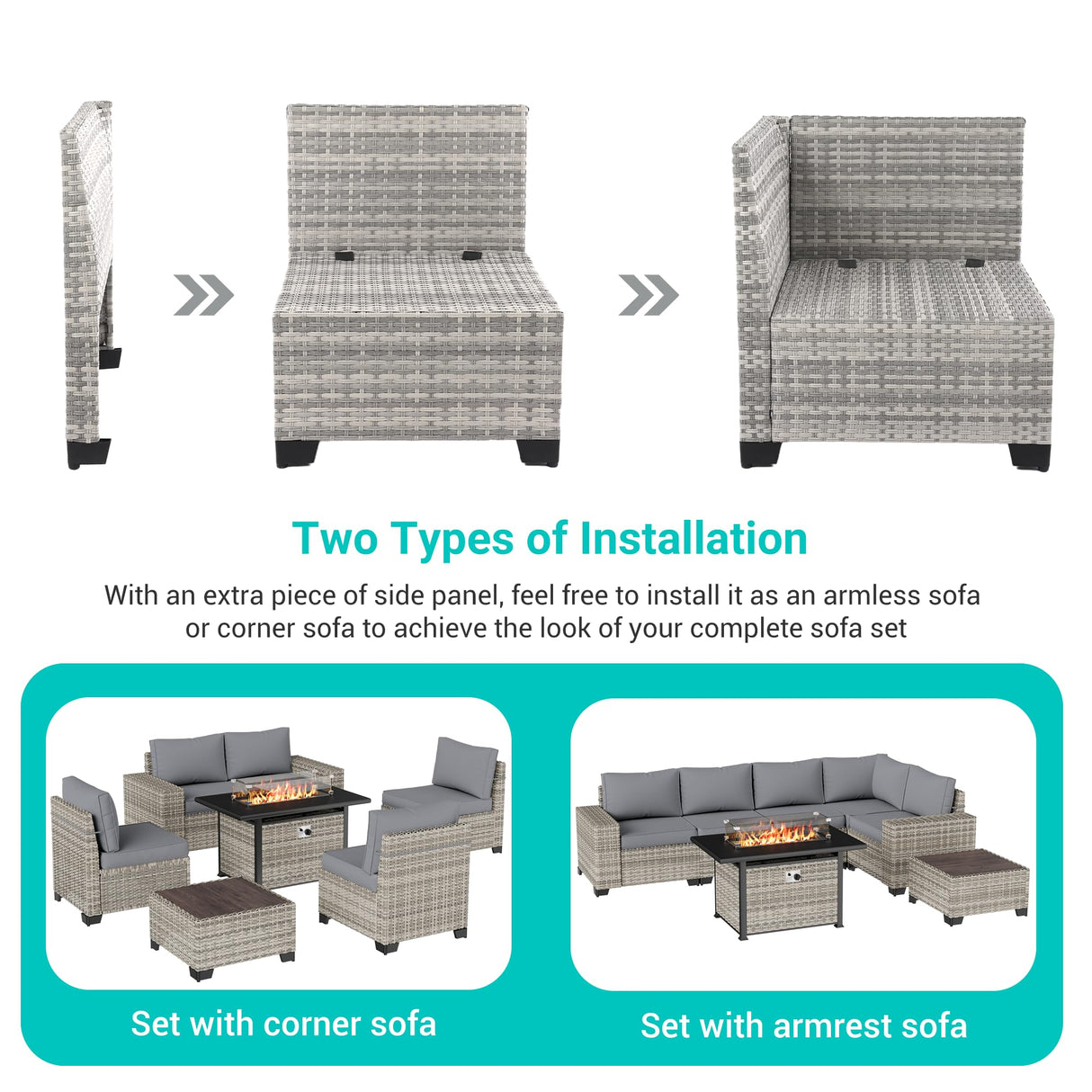 Muphyers 7-Piece Outdoor Patio Furniture Set with 55,000 BTU Fire Pit Table, PE Wicker Rattan Sectional Sofa Patio Conversation Set with Thickened Cushions & Coffee Table, Grey Muphyers