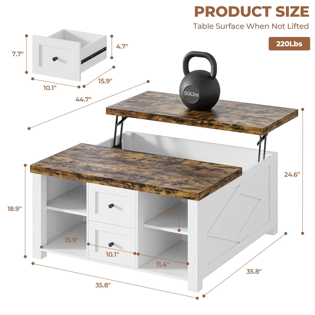 IRONCK Lift Top Coffee Table with Storage, Square Coffee Tables for Living Room with Charging Station and Drawers, Farmhouse Coffee Table with Large Storage Space, White IRONCK