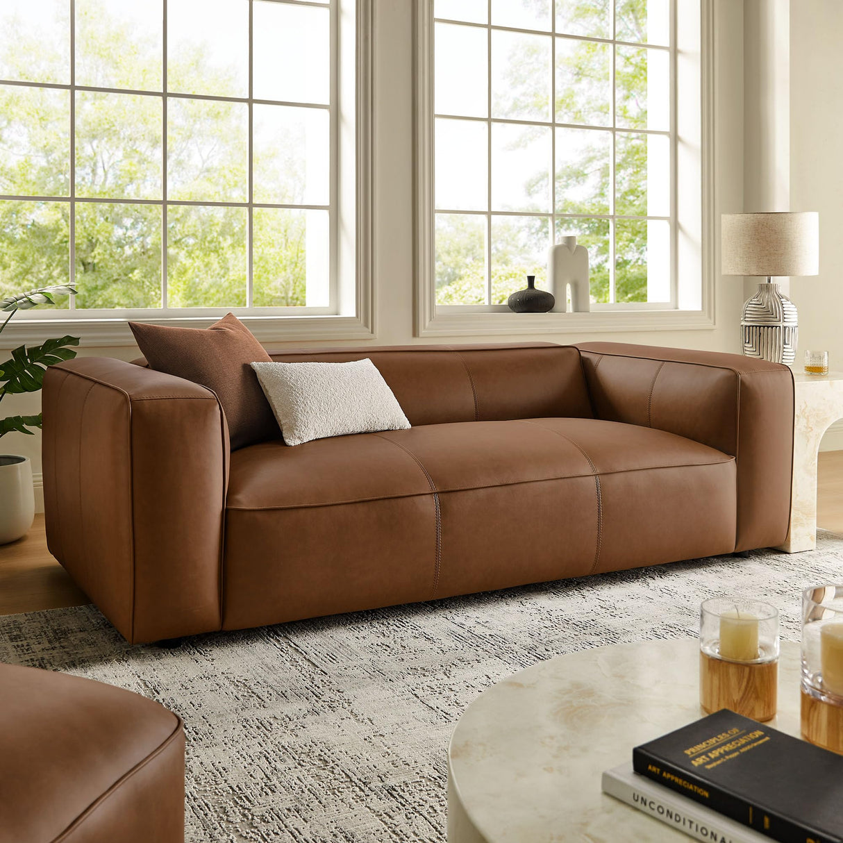 Modway Auren Vegan Leather Sofa in Coffee - Faux Leather Couch - Comfy Modern PU Leather Sofa - Oversized Mid Century Modern Couch for Living Room, Apartment, Loft Modway