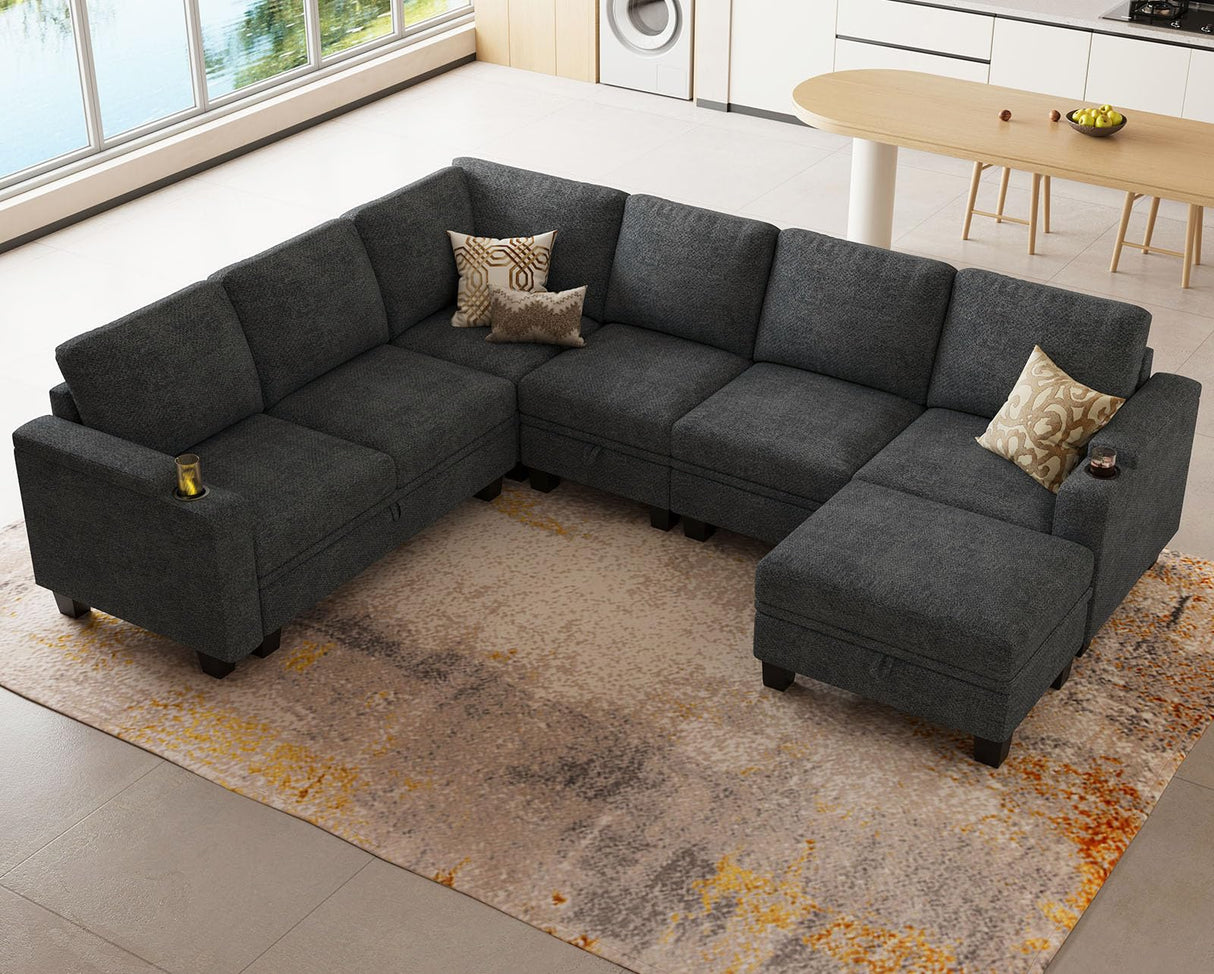 Belffin Chenille Modular Sectional Sofa Convertible L Shaped Corner Couches for Living Room with Storage Armrest with Cup Holder Dark Grey Couch Belffin