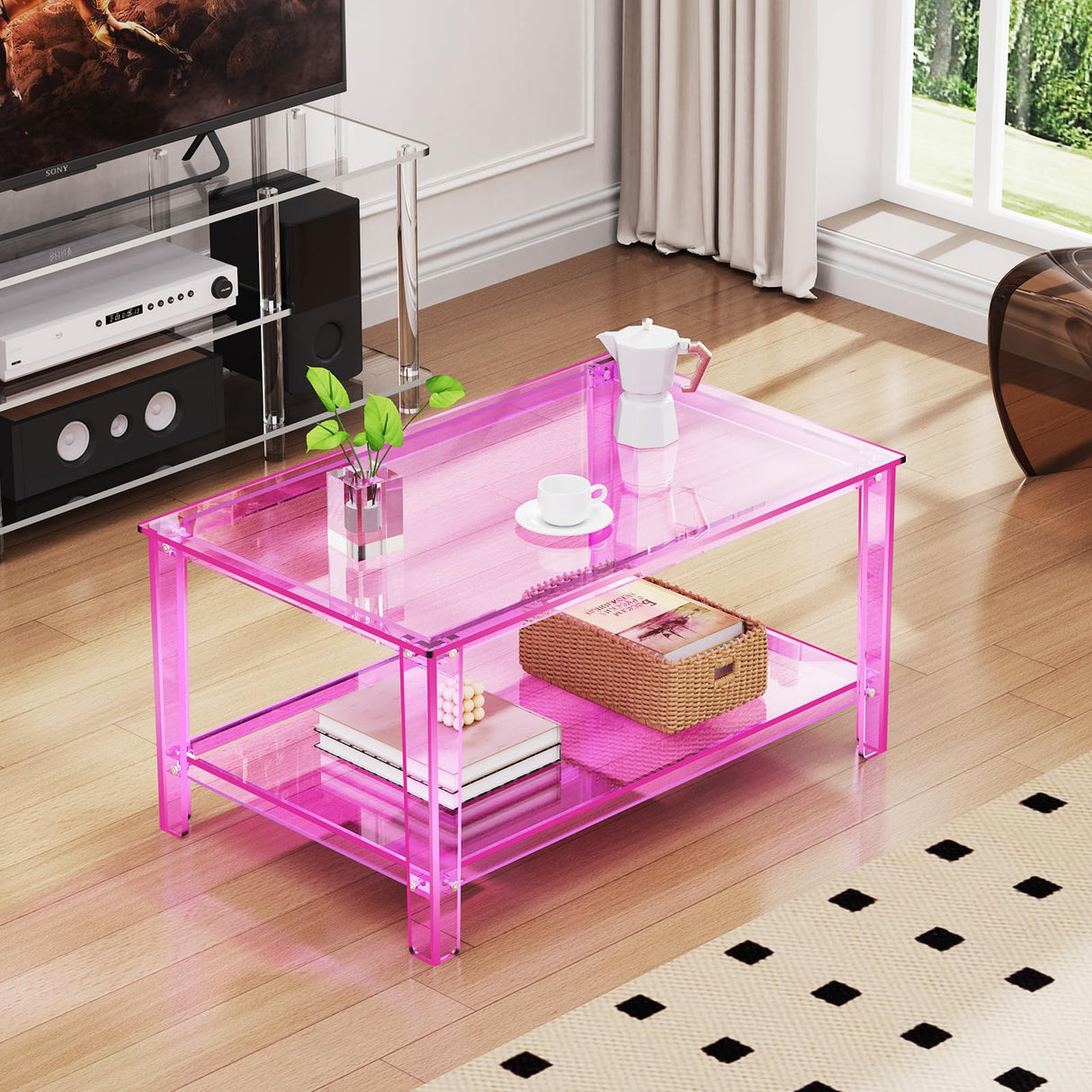 solaround Acrylic Coffee Table with Storage Shelf,Rectangle Living Room 2-Tier Center Table for Small Spaces (Rectangle, Pink, Nomal) solaround