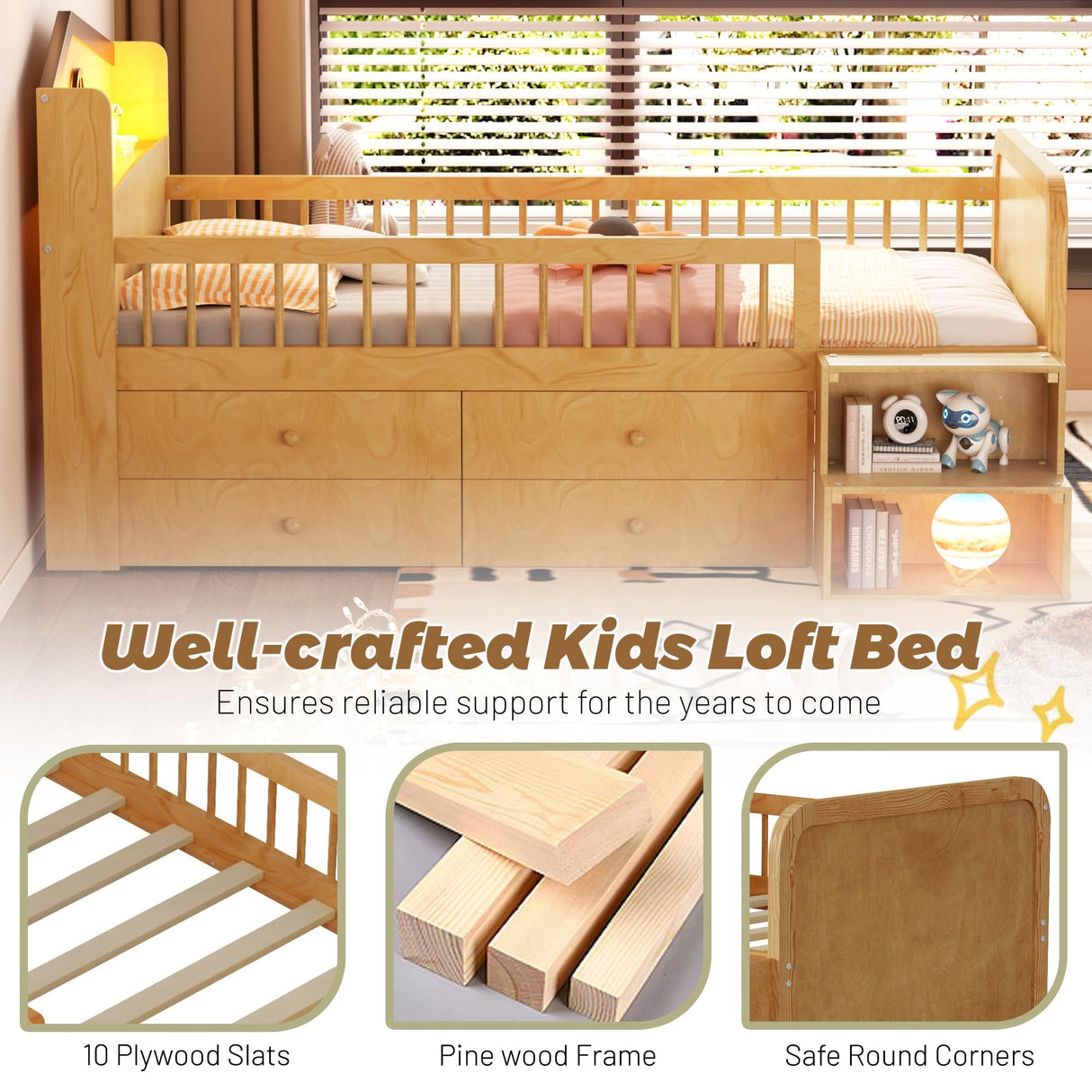 Kids Loft Bed with LED Lights,Wooden Low Loft Bed Twin with House Shape Headboard, 4 Storage Drawers and Stairs for Girls Boys,No Box Spring Needed, Natural Mirightone