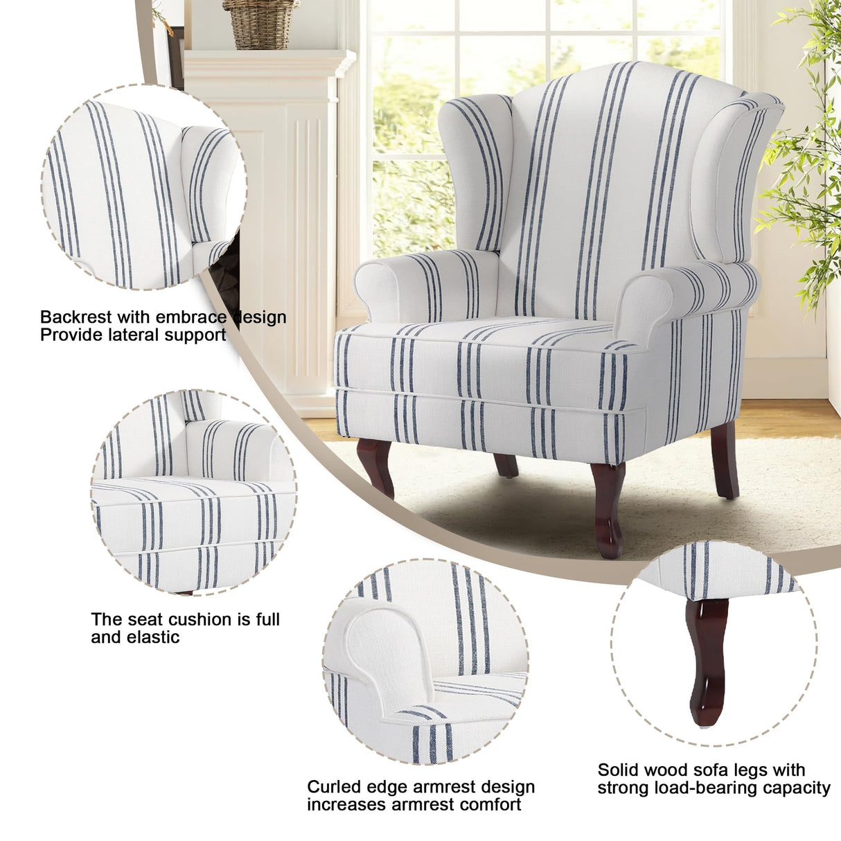 Pia Ricco Stripe High Back Floral Accent Chair, Upholstered Fabric Armchair with Solid Wood Legs - Retro Living Room Reading Chair, Comfortable Single Sofa Seat-Navy Pia Ricco