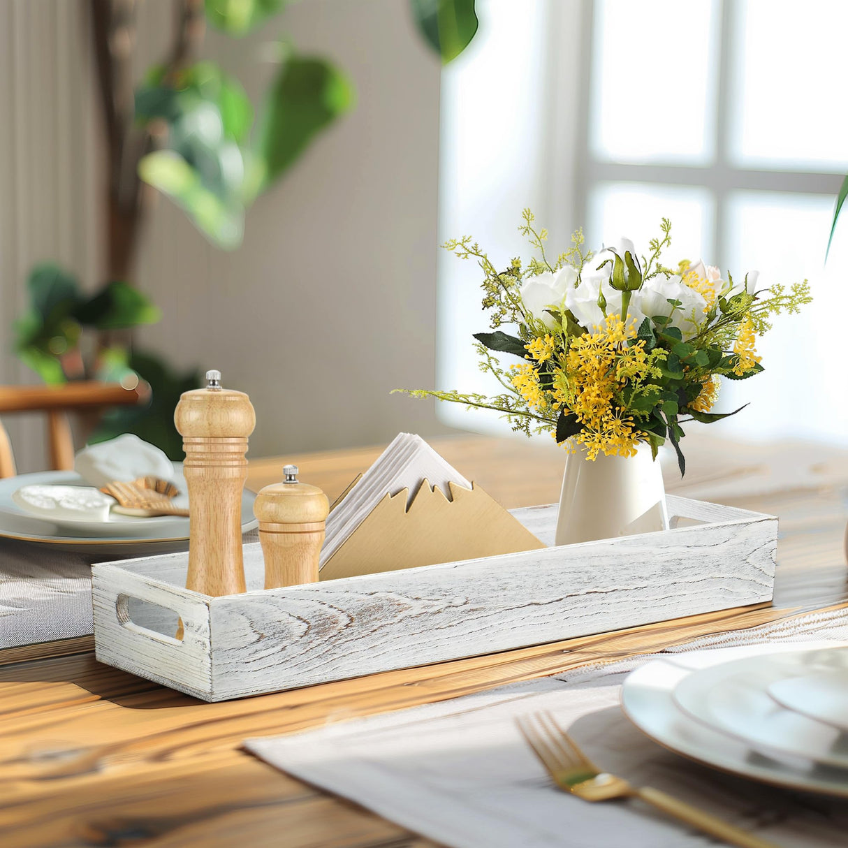 LotFancy Wooden Decorative Tray, Set of 2, Long Rustic Centerpiece Tray for Dining Room, Coffee Table Décor, Rectangle Farmhouse Tray LotFancy