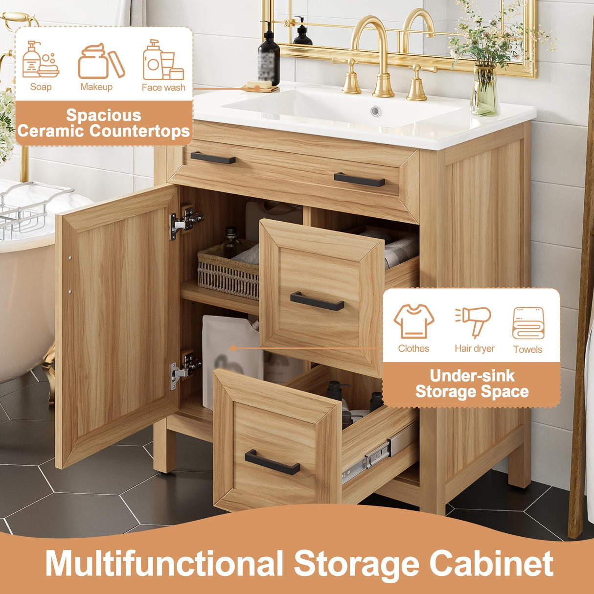 Mirightone 30" Wood Vanity with Sink, Bathroom Vanities 30 Inch with Sink, Single Sink Bathroom Vanity, 30 in Restroom Sink Vanity with 1 Soft Close Doors, 2 Soft Close Drawers, Adjustable Shelf Mirightone