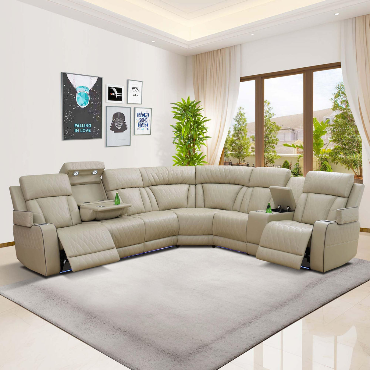 SIENWIEY Power Recliner Sectional Sofa with LED Light,Leather Reclining CornerSectional Couch for Living Room,Corner L Shaped Living Room Sofa Set(Beige,Sectional) SIENWIEY