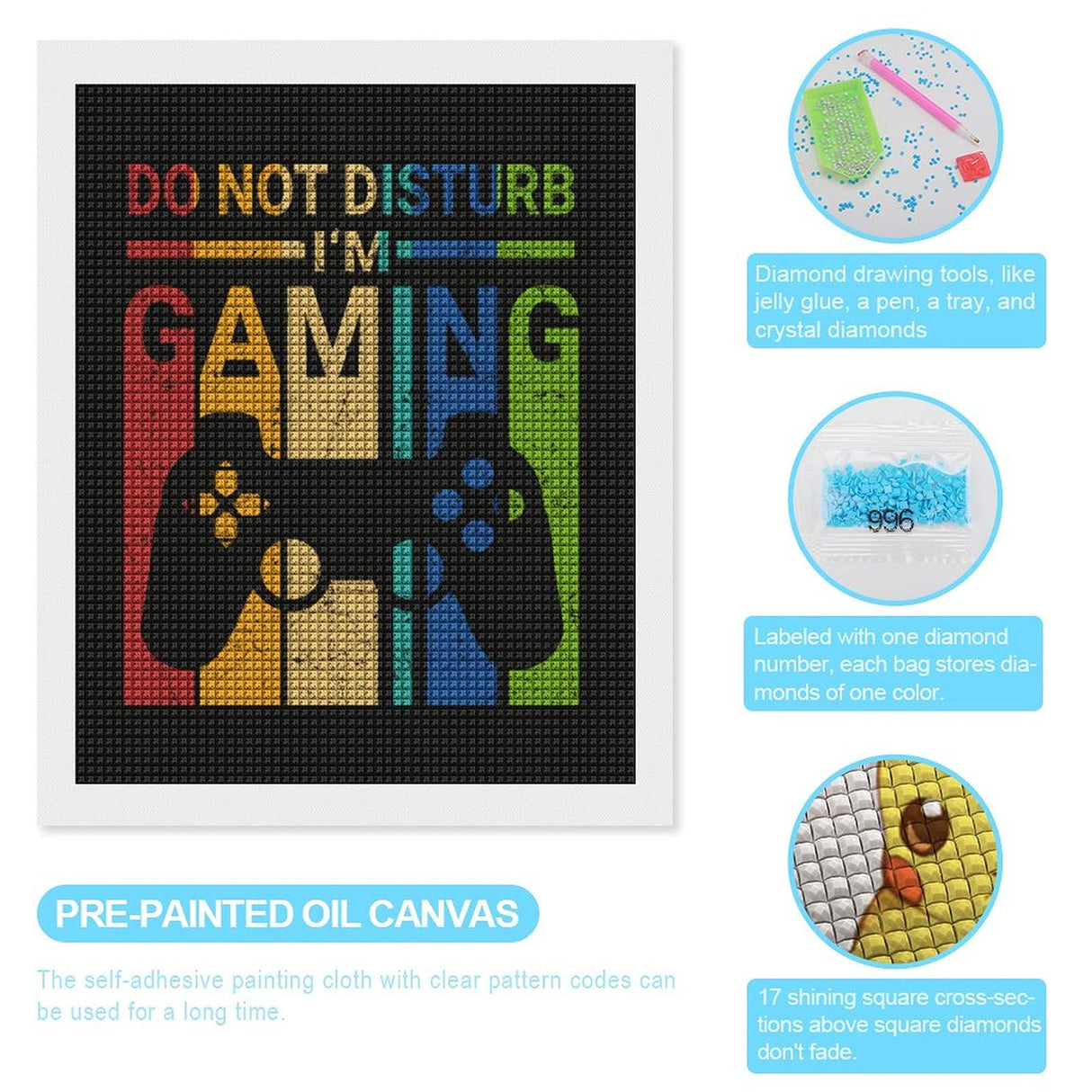 Retro Game Player Funny DIY 5D Diamond Painting Drawing Pictures by Number Kits, Cross Stitch Crystal Rhinestone Embroidery Paintings Pictures Arts Craft for Home Wall Decor B&MAVIS