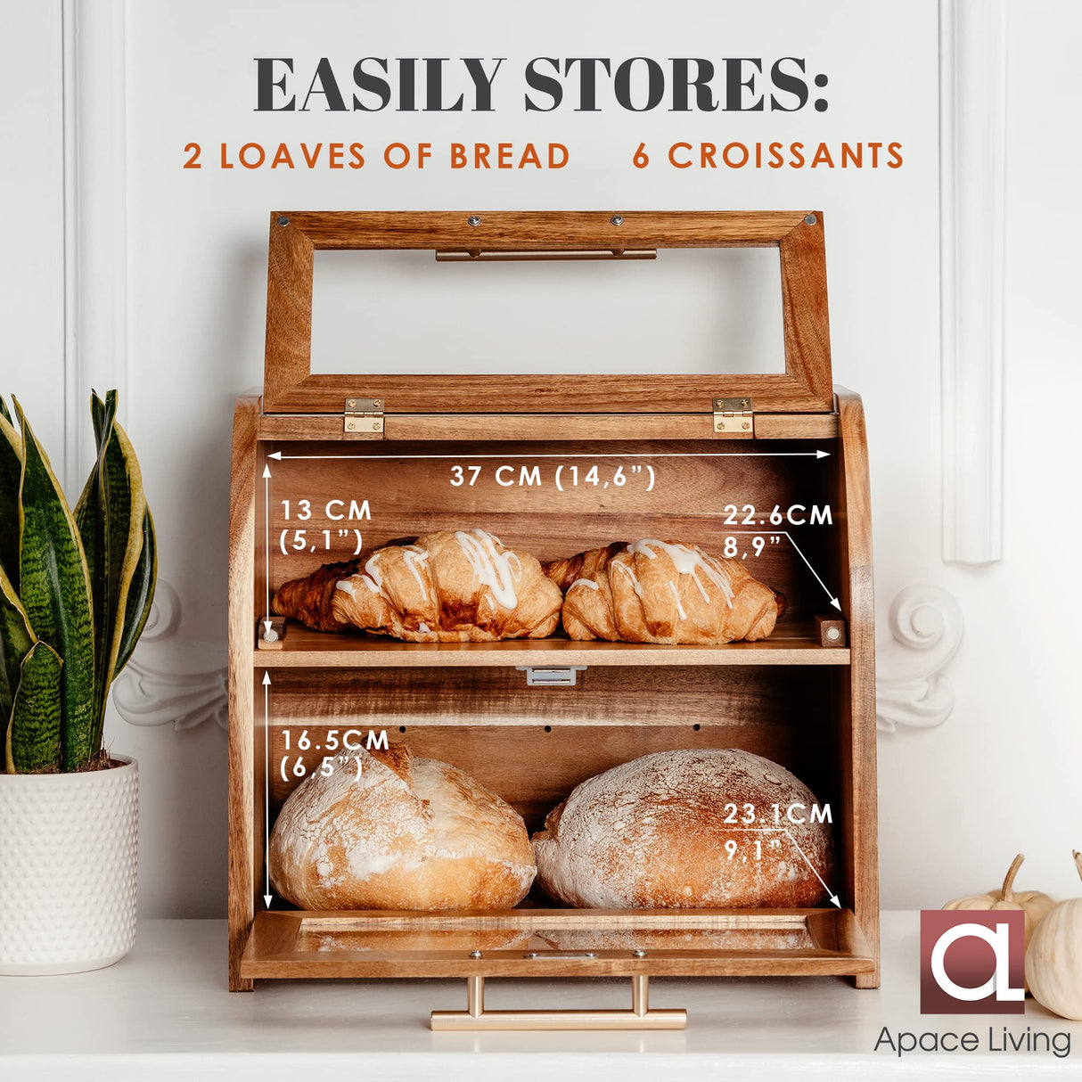 Arise Stylish Acacia Bread Box for Kitchen Countertop, Extra Large 2-Shelf Wooden Bread Storage Container with Clear Windows and Air Vents Keep Bread, Bagels and Rolls Fresh, Self Assembly Apace Living