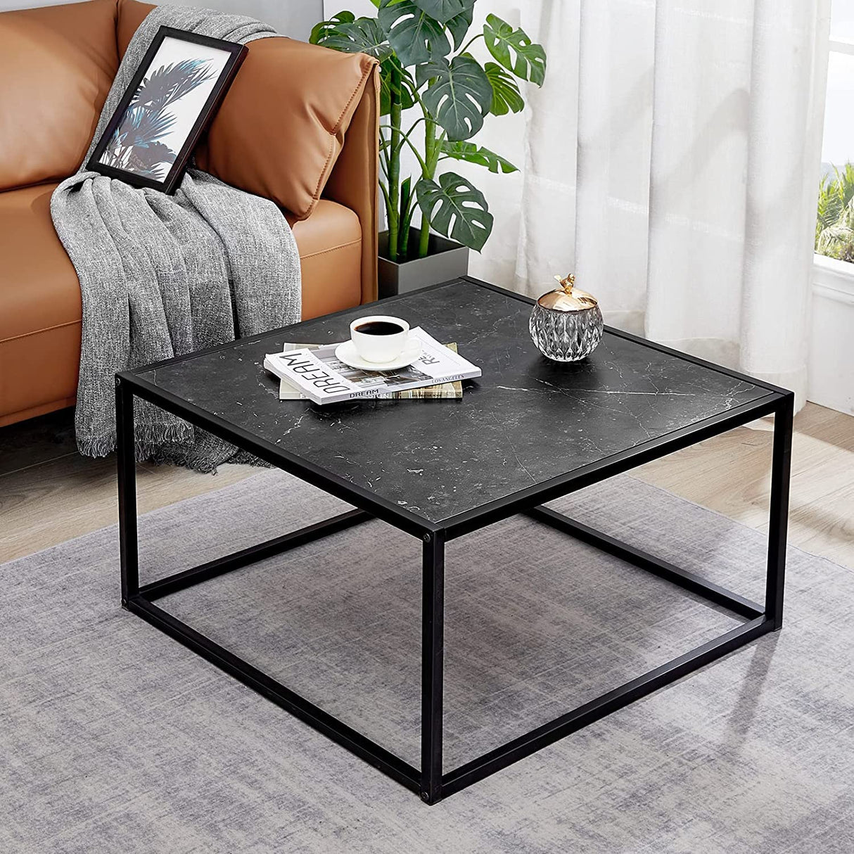 SAYGOER Black Coffee Table Small Square Coffee Table Simple Modern Center Table for Living Room Home Office 27.6 * 27.6 * 15.7Inch Easy Assembly, Black Faux Marble SAYGOER