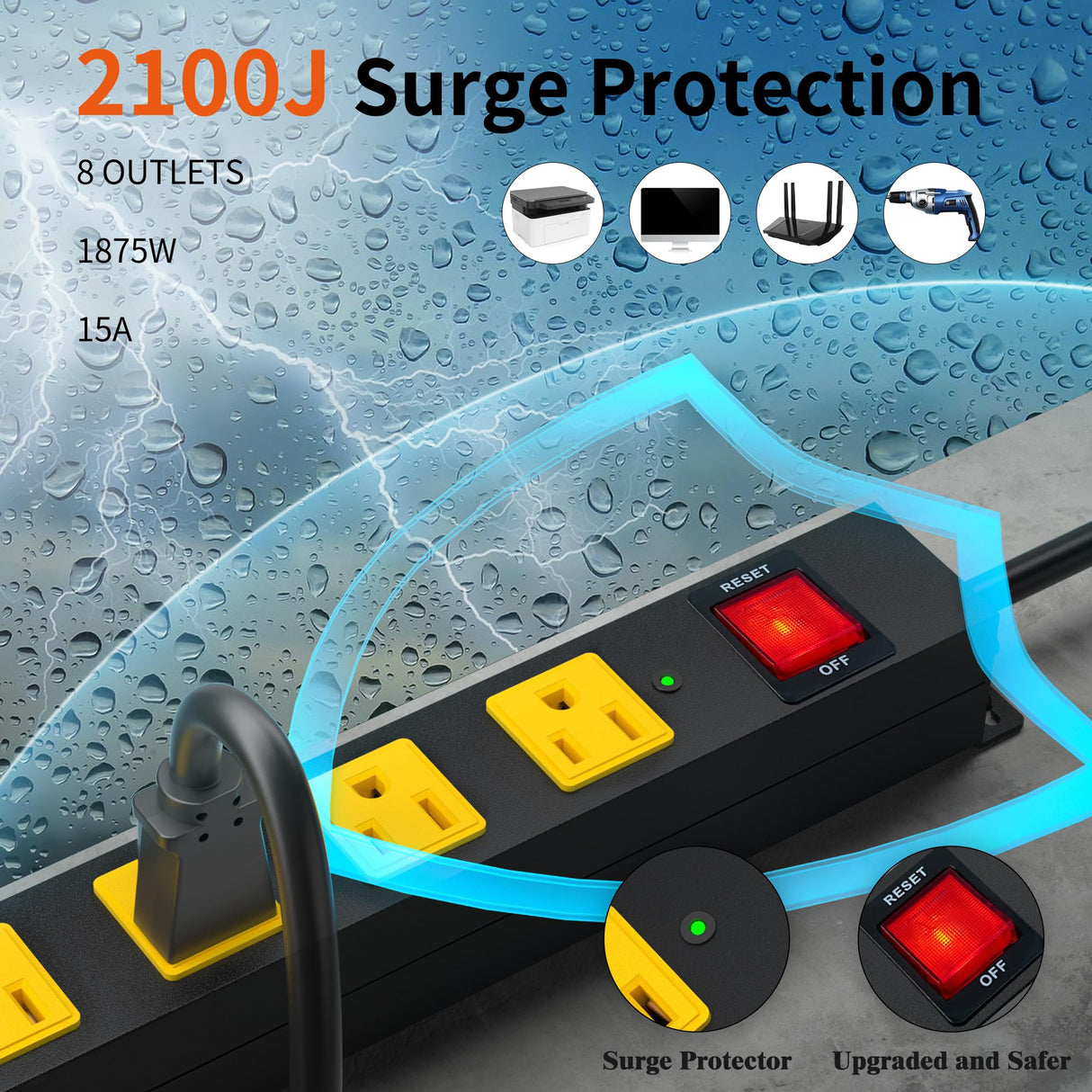 8 Outlet Long Power Strip, 2100J Surge Protector Heavy Duty 6FT Cord Wide Spaced and Wall Mount Metal Powerstrip for Home Office Garage Workshop Plug'n