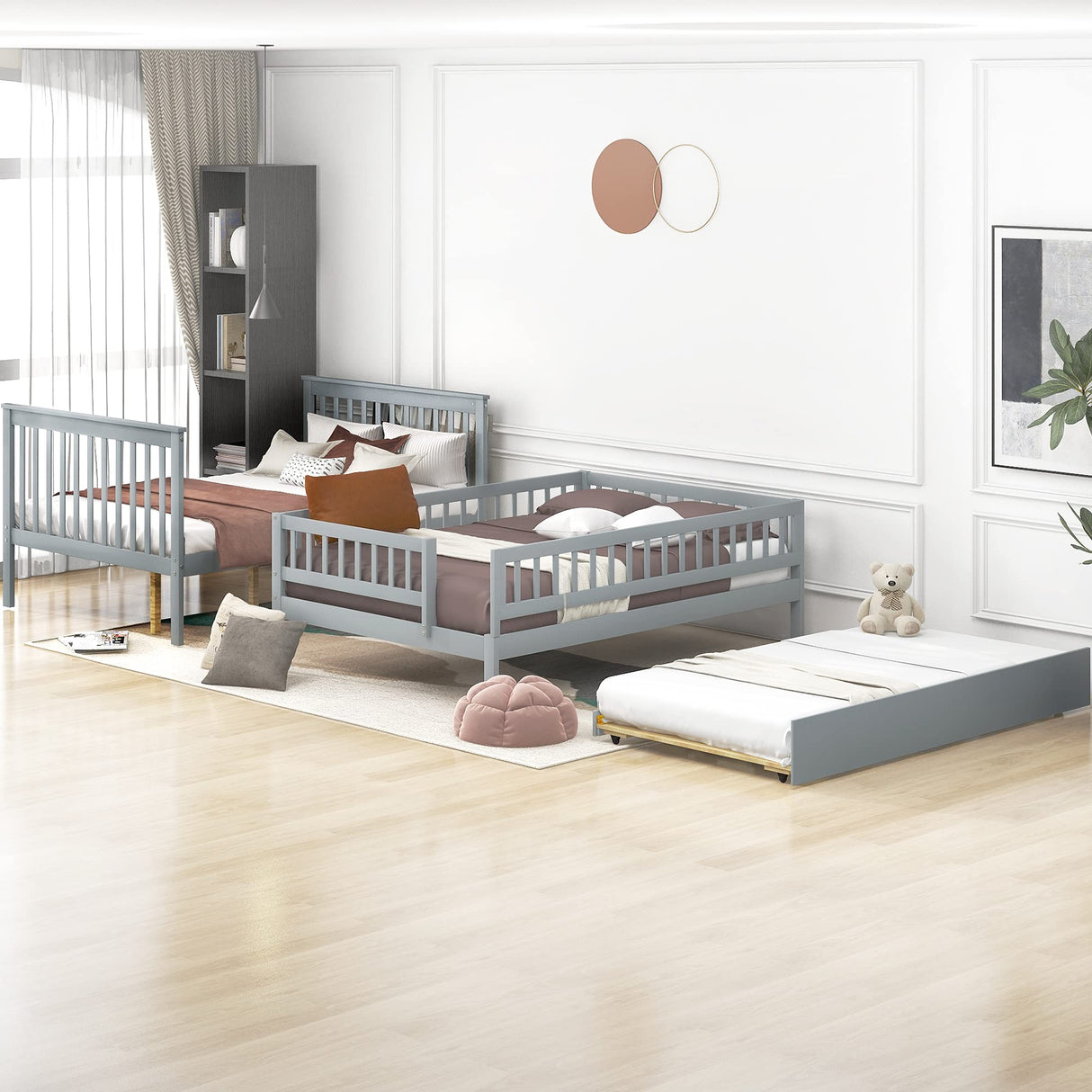 P PURLOVE Stackable Full Over Full Bunk Bed with Trundle, Wood Stairway Storage Bunk Bed with Storage Shelf for Kids Teens, Full Bunk Bed can Be Divided into 3 Individual Beds,Gray Bed Frame P PURLOVE