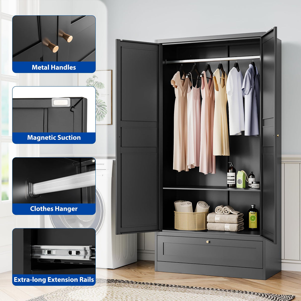 BYNSOE Metal Armoire Wardrobe Closet with 2 Doors 72'' Wardrobe Cabinet with Drawers and Hanging Rail Metal Closet with Adjustable Shelves for Bedroom. (Black, with 1drawer) BYNSOE