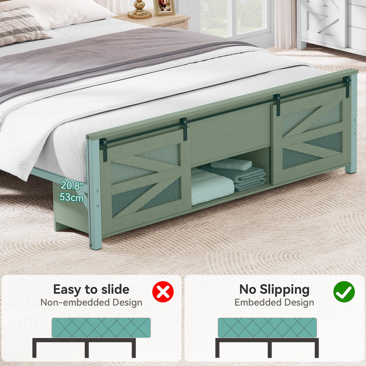 YITAHOME Queen Size Farmhouse Bed Frame with Sliding Barn Door Storage Cabinets, Platform Bed Frame with 47.2" Headboard, Solid Metal Slats Support, Noiseless, No Box Spring Needed, Oak YITAHOME