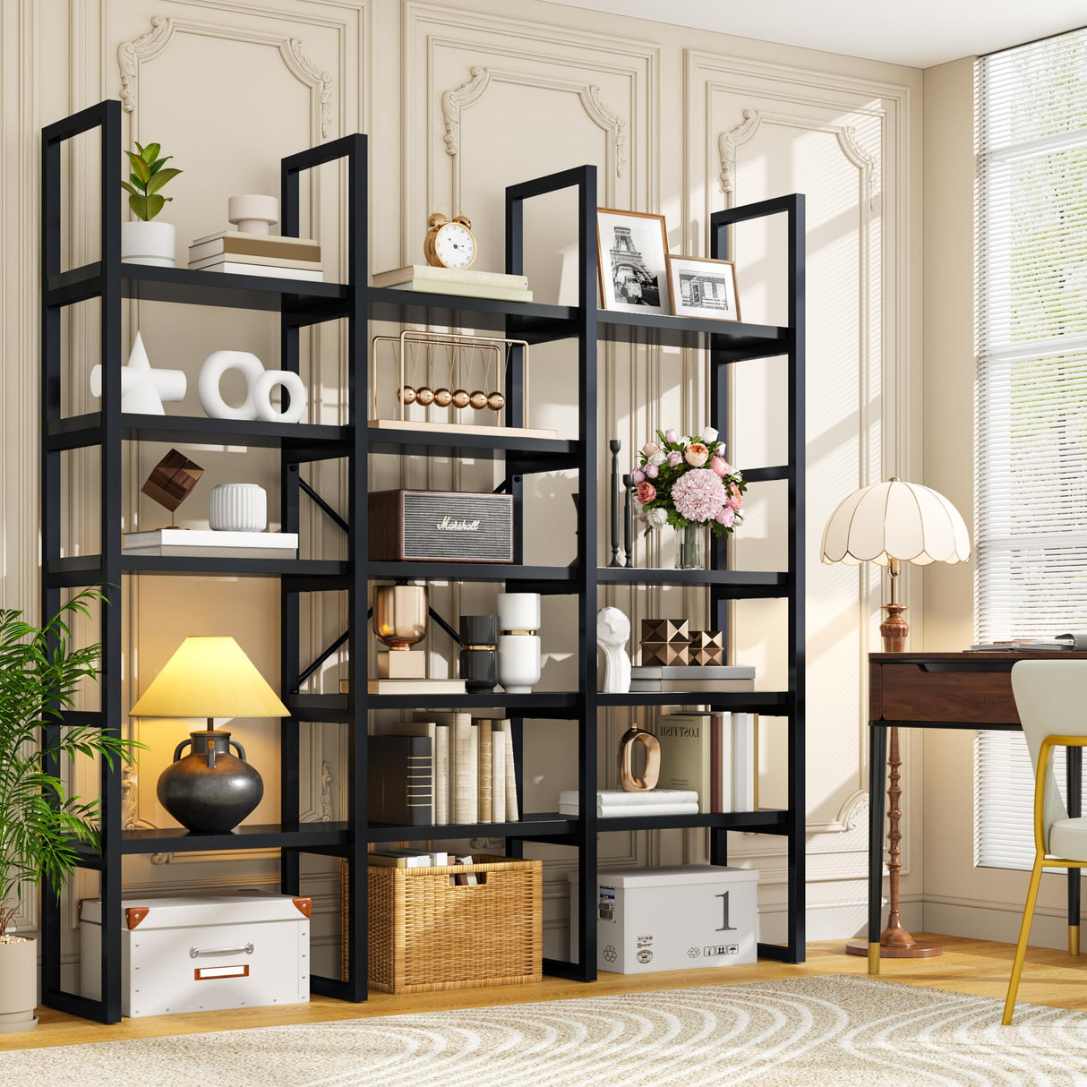 Semoic Large Bookshelf 5 Tiers, Triple Wide Geometric Bookcase, 71 Inches Tall Industrial Book Shelves Etagere Book Case, Sturdy Metal Frame, Freestanding Display Shelving Unit (Black) Semoic