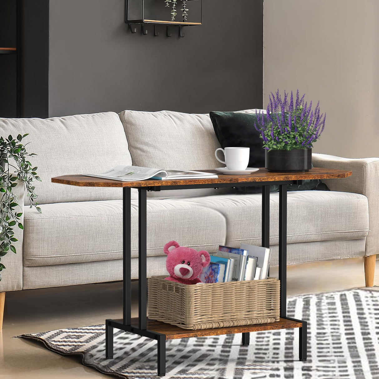 Coffee Table for Living Room, 2 Tier Small Coffee Table with Open Storage Shelf, Center Table Industrial Modern Style Coffee Tables with Wood Tabletop, Rustic Brown CADUKE