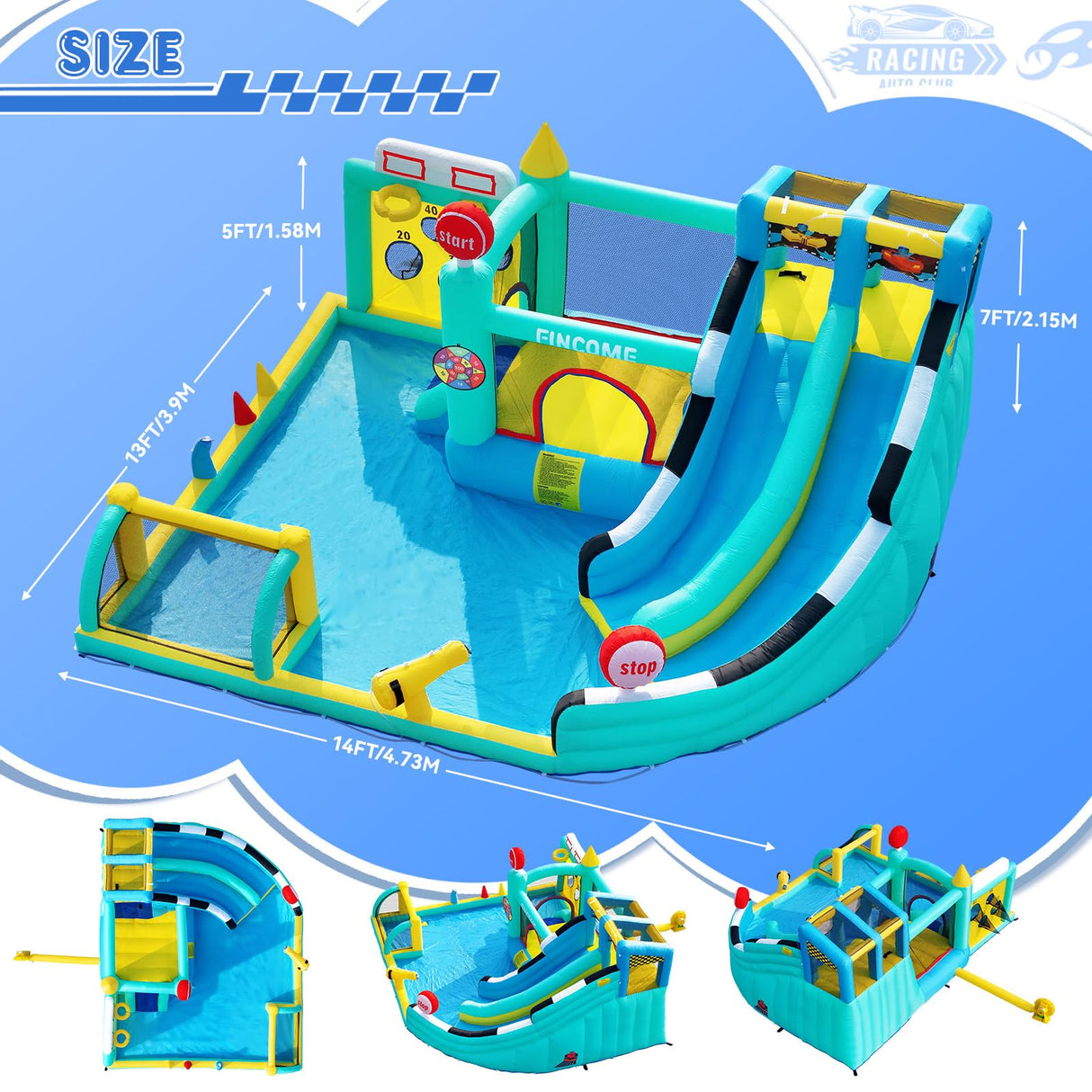 FINCOME Bounce House Double Slides for Kids 3-12, Large Bounce Castle with Air Blower 550W, Pool, Jumping, Climbing, Balls, Ring Toss, Inflatable Water Park for Birthday Party Holiday Outdoor Indoor FINCOME