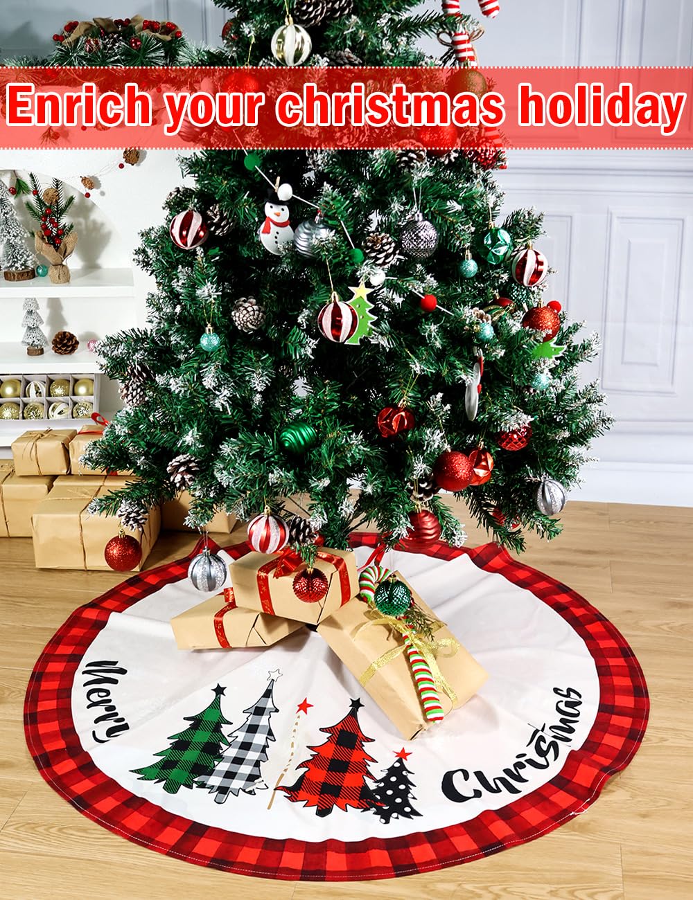 Multiwins Christmas Tree Skirt 48 Inch Red Rustic Xmas Tree Skirt with Snowflake, Black Red Buffalo Plaid Christmas Tree Skirt Ornaments for Merry Christmas Holiday Party Decorations Indoor Outdoor multiwins