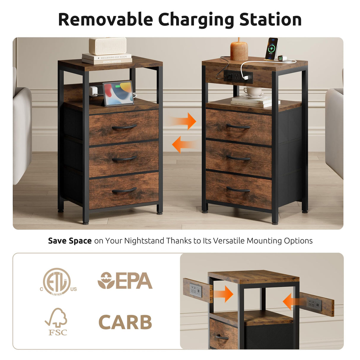 NightStand Bedside Charging Table Bedroom - Night Stand with Charger Station, Modern Nightstand with Open Shelf & 3 Fabric Drawers, Bed Side Table USB-C USB Ports & AC Outlets for Dorm Living Room Lazzanto