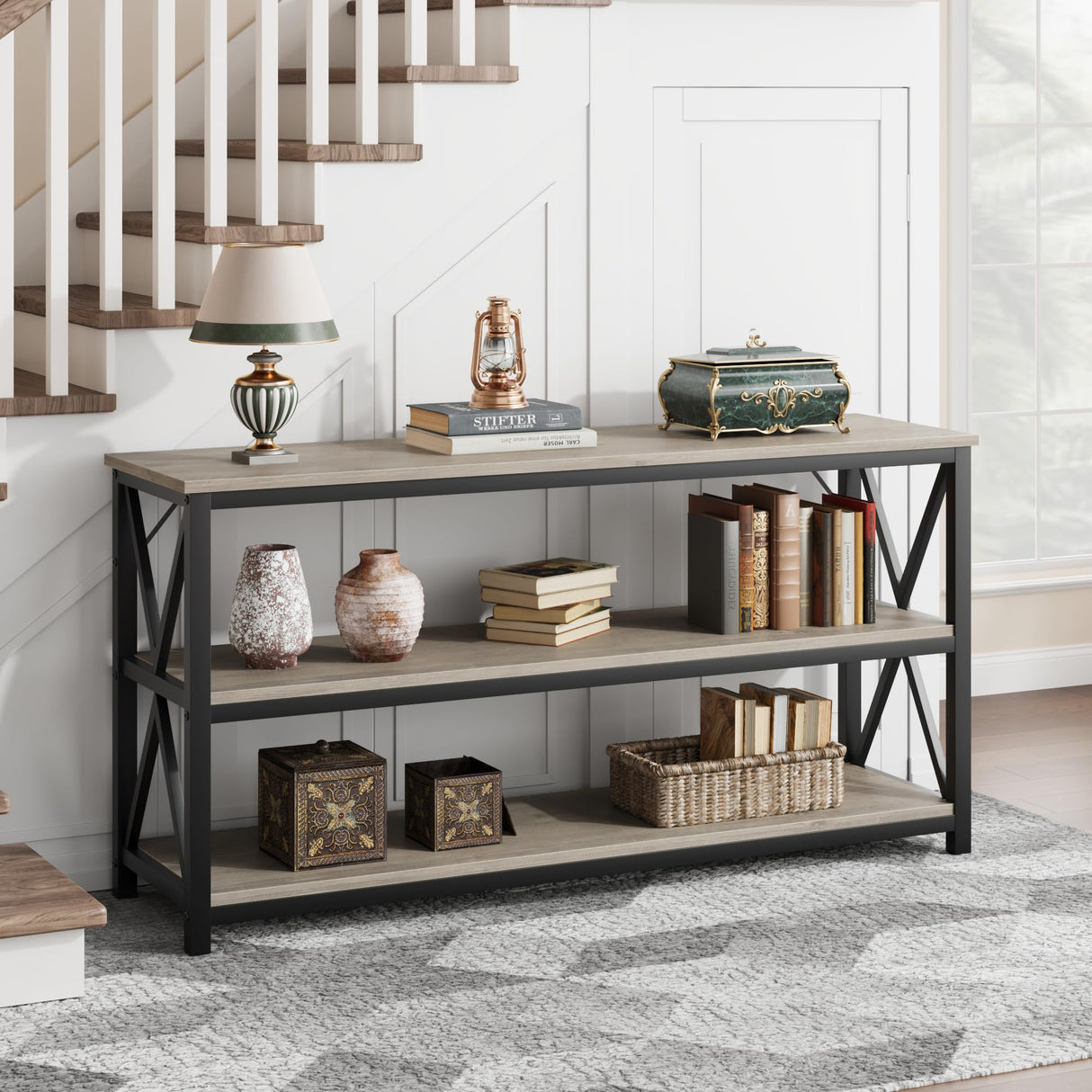 IDEALHOUSE 55 Inch Entryway Table, Narrow Long Console Table with Storage, 3 Tier Wood Sofa Table for Living Room, Industrial Behind Couch Table, Hallway Table for Foyer, Entryway Furniture-Grey IDEALHOUSE