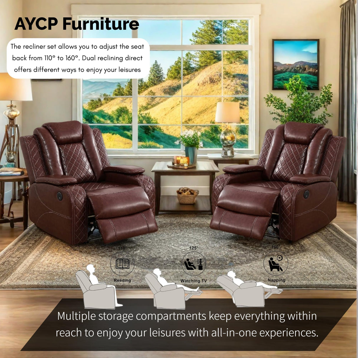 AYCP Furniture Power Recliner Set with LED Lights, Air Leather Reclining Set with USB Port/Wireless Charger/Storage Console/Cup Holder for House/HomeTheater/Apt (Burgundy, Sofa+2Chairs) AYCP Furniture