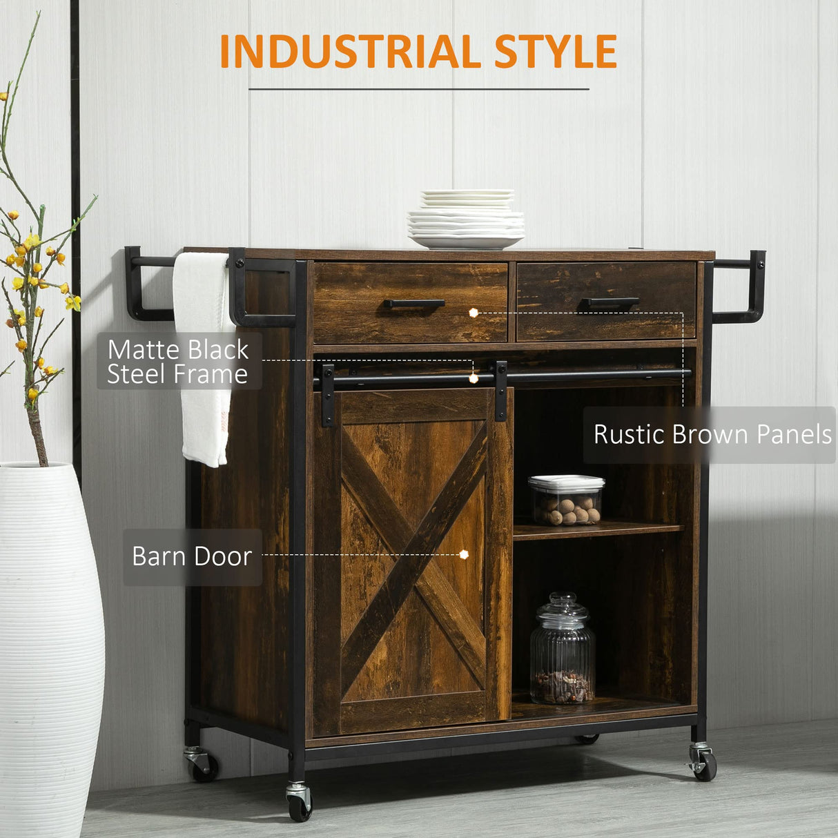 HOMCOM Industrial Kitchen Cart, Rolling Kitchen Island with Adjustable Shelf, Two Drawers, Sliding Barn Door Cabinet and Towel Rack, Rustic Brown HOMCOM