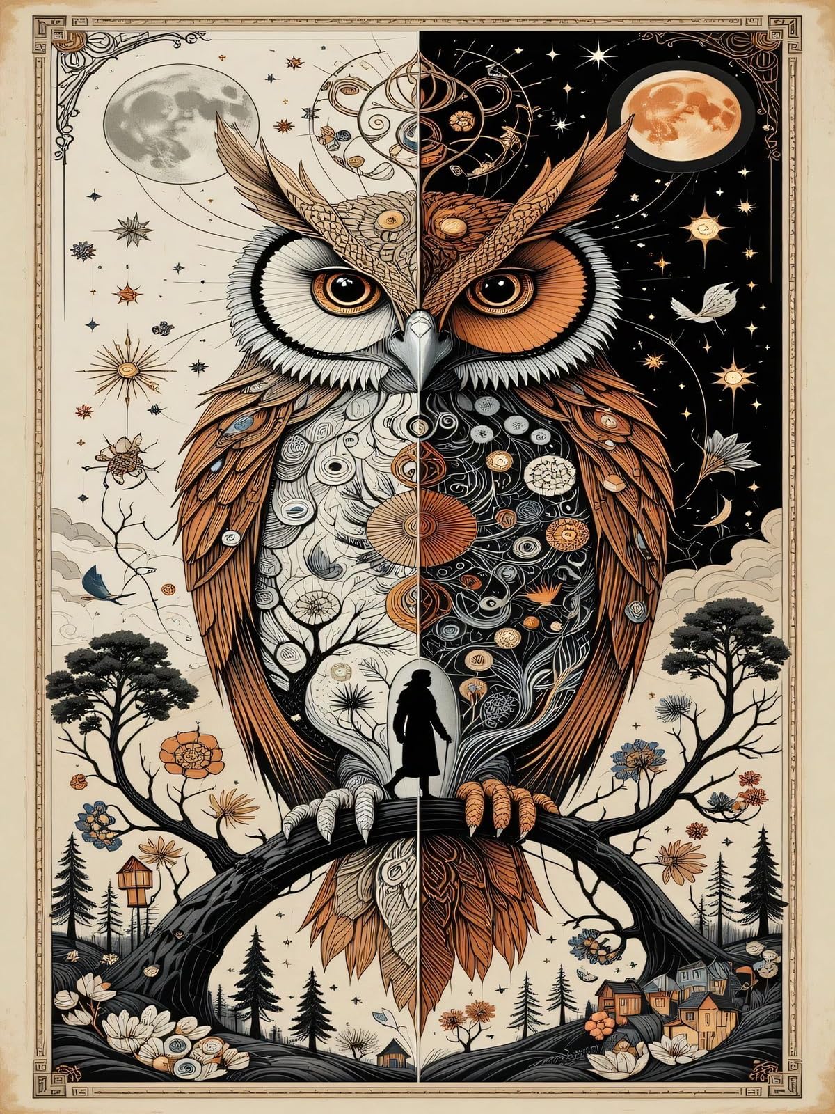 Owl Diamond Art Kits for Adults,Sun and Moon Diamond Painting Kit for Beginner,5D Diamond Painting DIY Full Drill Diamond Dots Diamond Painting with Tools,Gem Craft for Home Wall Decor 11.8x15.7in DYAIANGMU