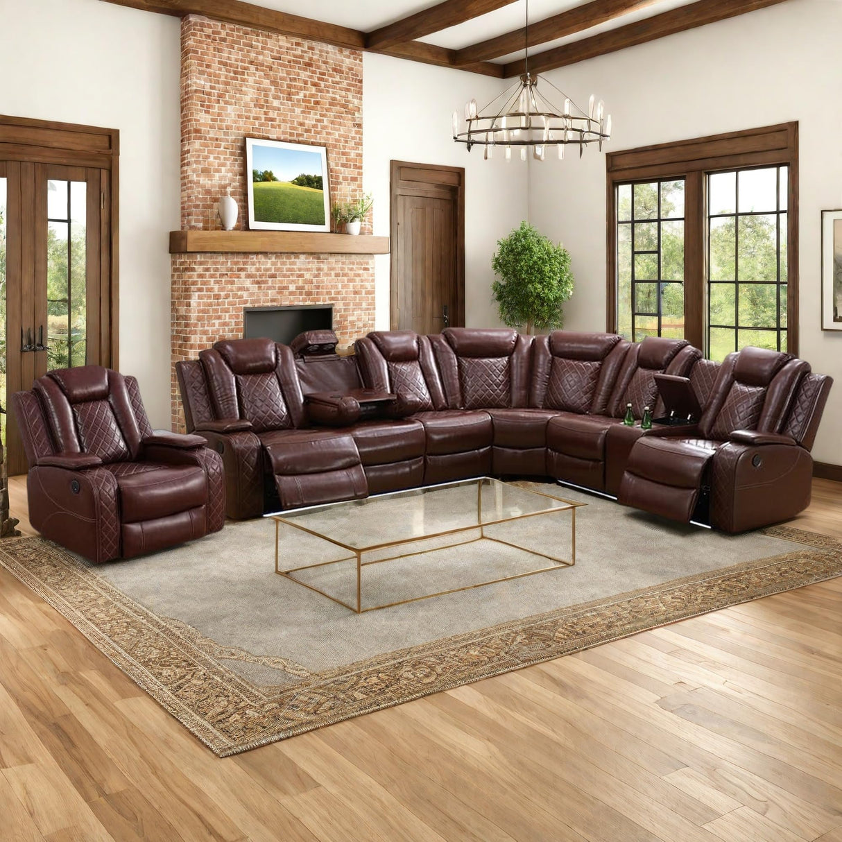 Power Recliner Sofa Sectional Sofa with LED Light for Living Room, Air Leather Reclining Corner Sectional Sofa Set, Cup Holder, Storage Console for Home Theater Seating (Burgundy, Sectional+Chair) AYCP Furniture
