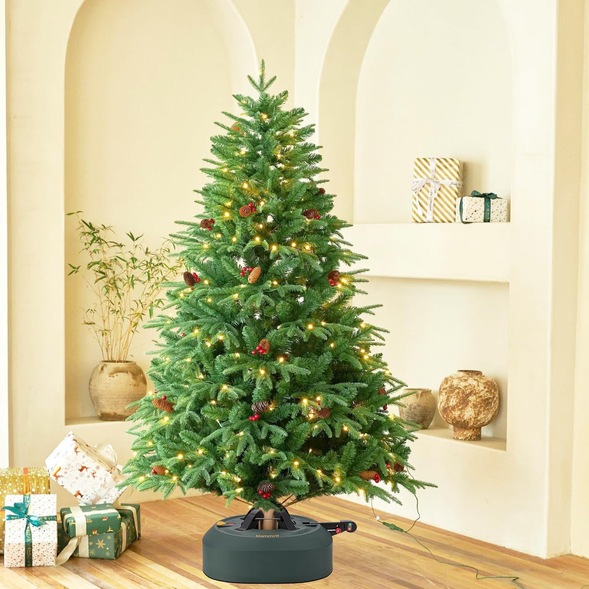 Christmas Tree Stand for Real Trees, Heavy Duty Live Christmas Tree Stand with Reservoirs, Fits Trees up to 7.5 Ft (1.2-5 In Diameter), No Assembly Required Real Christmas Tree Base Foot Press Hammrit