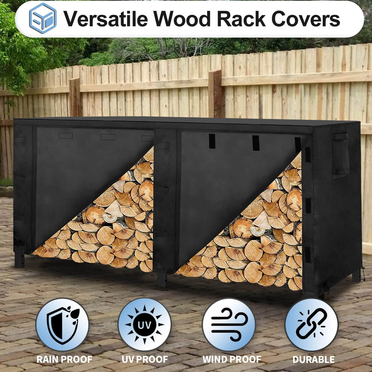 OutdoorLines Outdoor Firewood Rack Cover, Waterproof Wood Rack Covers, Firewood Log Storage Covering for Patio Logs Holder, 8FT Wood Holder Cover, Black, 420D Oxford Fabric (Only Cover, No Rack) OutdoorLines