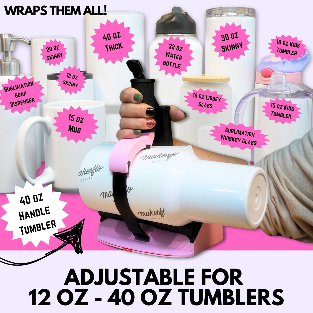 Pinch Perfect Trident Tumbler Clamp - Standard Size Adjustable Tumbler Sublimation Tool for Tumbler Sizes from 12oz - 40oz Skinny & Thick Tumblers (Pink) Pinch Perfect