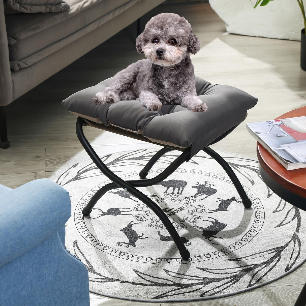 WELL-STRONG 15" Foldable Foot Stool Ottoman with Metal Frame - Washable Dark Grey Upholstered Indoor/Outdoor Footrest for Living Room, Bedroom, Patio - Space-Saving Compact Design WELL-STRONG